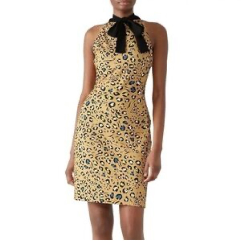 Alexia Admor Leopard Tie Neck Sheath‎ Dress with Black Bow L